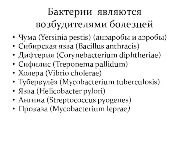 Чума (Yersinia pestis) (анэаробы и аэробы) Сибирская язва (Bacillus anthracis)