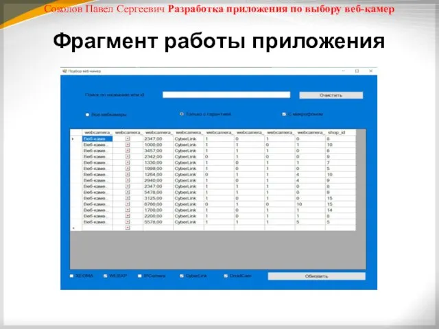 Соколов Павел Сергеевич Разработка приложения по выбору веб-камер Фрагмент работы приложения