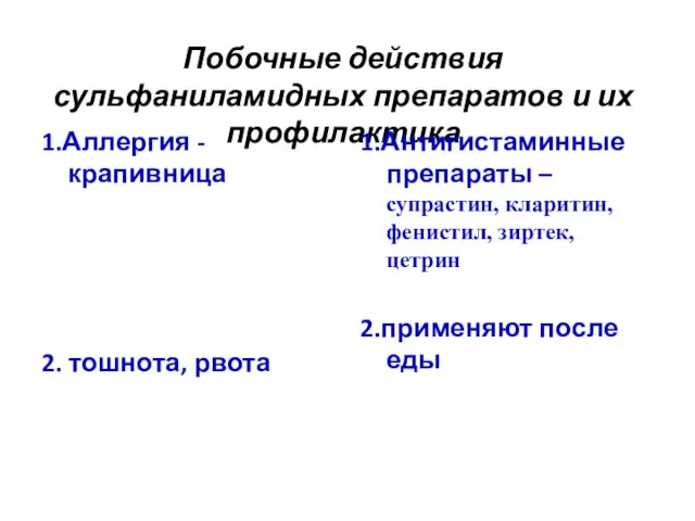 Побочные действия сульфаниламидных препаратов и их профилактика 1.Аллергия -крапивница 2.