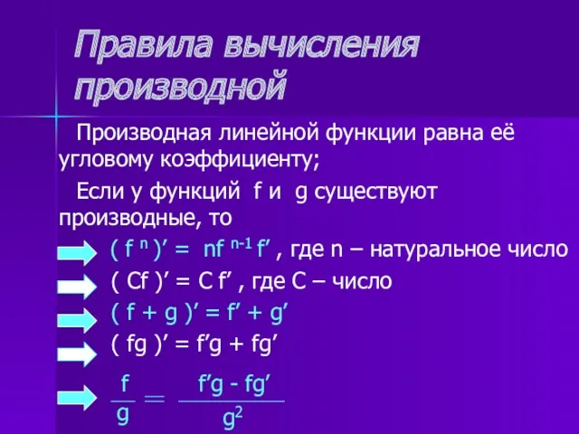 Правила вычисления производной Производная линейной функции равна её угловому коэффициенту;