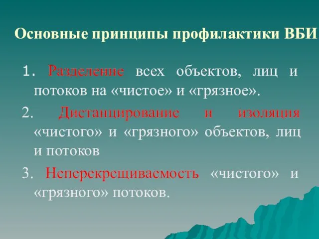 Основные принципы профилактики ВБИ 1. Разделение всех объектов, лиц и потоков на «чистое»