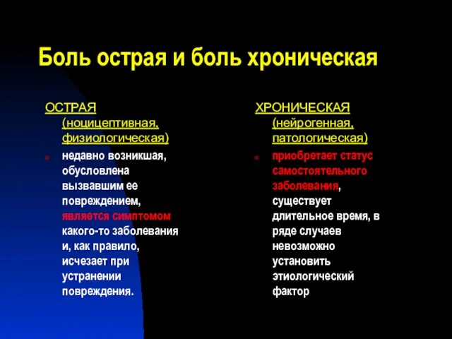 Боль острая и боль хроническая ОСТРАЯ (ноцицептивная, физиологическая) недавно возникшая, обусловлена вызвавшим ее