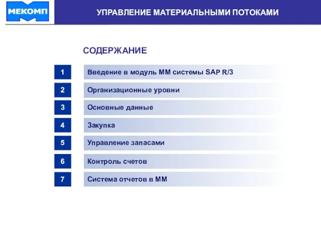 УПРАВЛЕНИЕ МАТЕРИАЛЬНЫМИ ПОТОКАМИ СОДЕРЖАНИЕ 1 Введение в модуль ММ системы