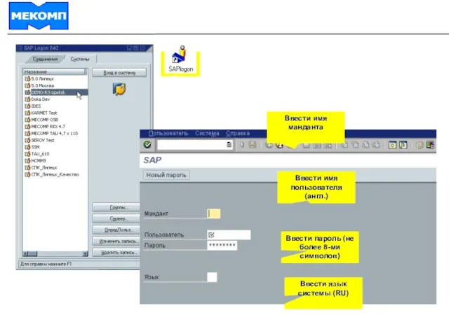 Запуск системы R/3. Вход в систему Ввести имя пользователя (англ.)