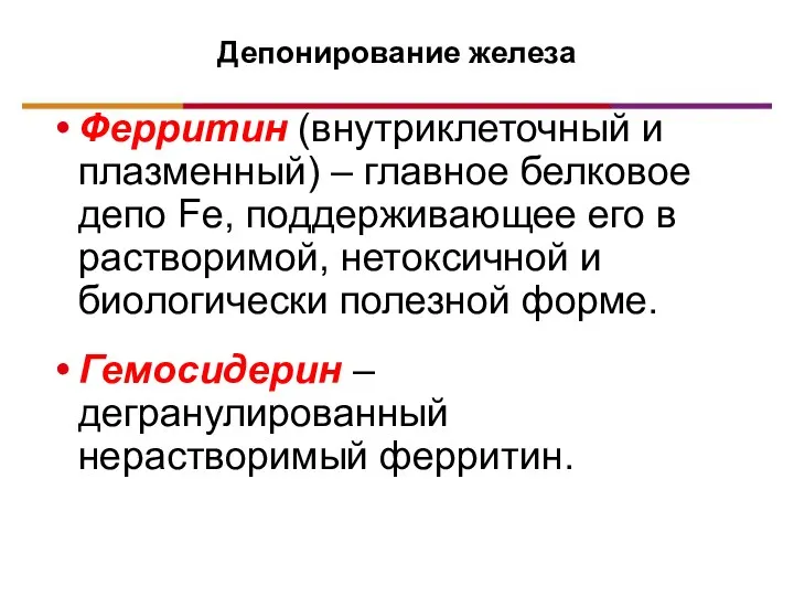 Депонирование железа Ферритин (внутриклеточный и плазменный) – главное белковое депо