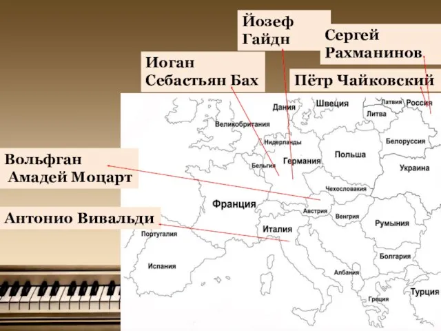 Антонио Вивальди Иоган Себастьян Бах Йозеф Гайдн Пётр Чайковский Сергей Рахманинов Вольфган Амадей Моцарт