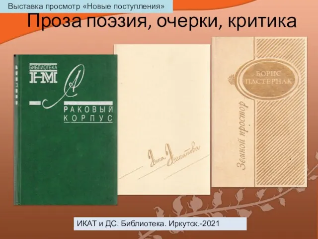 Проза поэзия, очерки, критика ИКАТ и ДС. Библиотека. Иркутск.-2021 Выставка просмотр «Новые поступления»