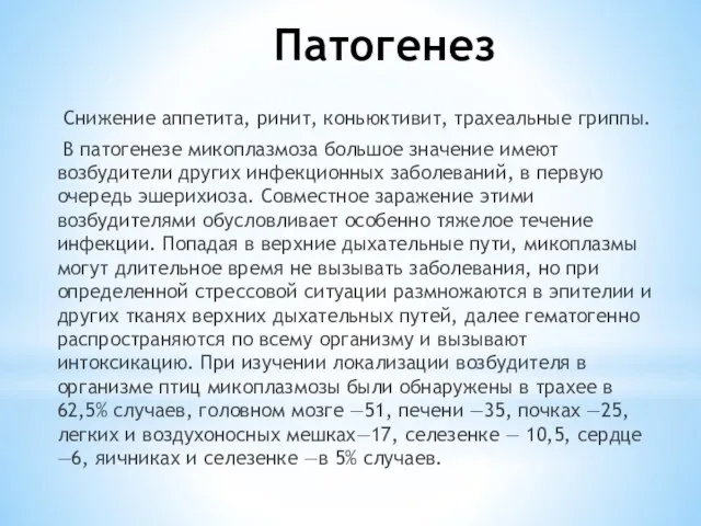 Патогенез Снижение аппетита, ринит, коньюктивит, трахеальные гриппы. В патогенезе микоплазмоза