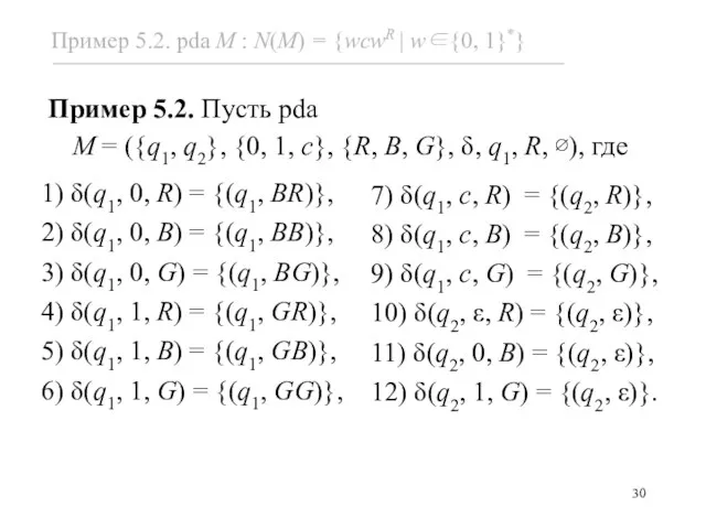 Пример 5.2. Пусть pda M = ({q1, q2}, {0, 1,