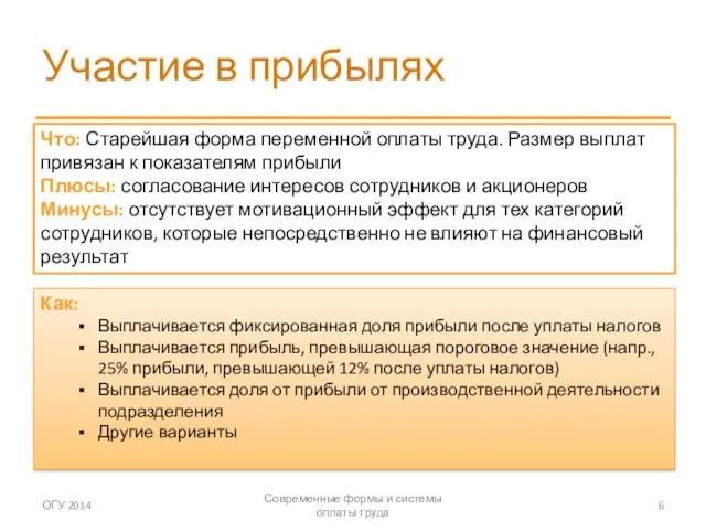 Участие в прибылях ОГУ 2014 Современные формы и системы оплаты