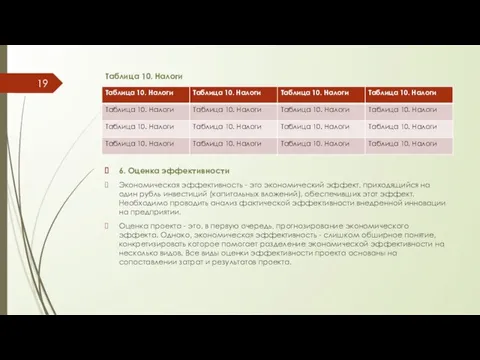 Таблица 10. Налоги 6. Оценка эффективности Экономическая эффективность - это