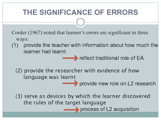 Corder (1967) noted that learner’s errors are significant in three