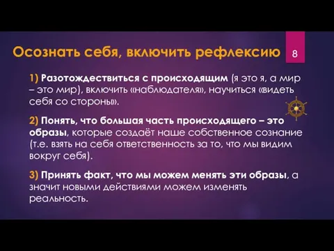 Осознать себя, включить рефлексию 1) Разотождествиться с происходящим (я это