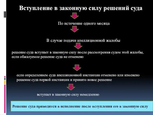 Вступление в законную силу решений суда По истечение одного месяца