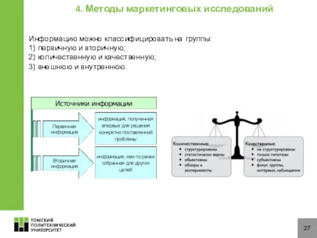 27 Информацию можно классифицировать на группы: 1) первичную и вторичную;