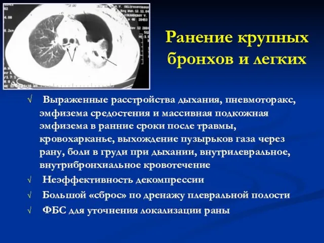 Ранение крупных бронхов и легких Выраженные расстройства дыхания, пневмоторакс, эмфизема