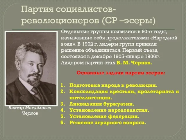 Партия социалистов-революционеров (СР –эсеры) Виктор Михайлович Чернов Отдельные группы появились