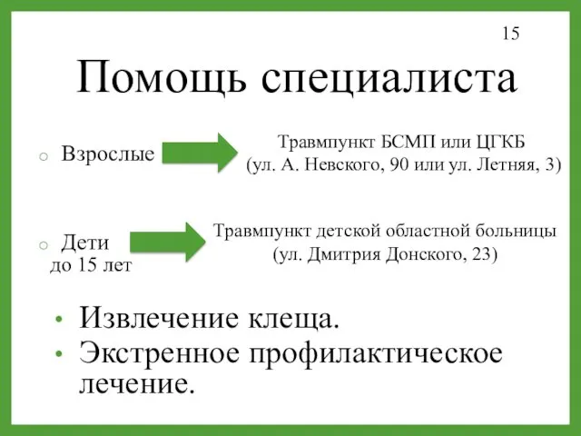 Помощь специалиста Взрослые Дети до 15 лет Извлечение клеща. Экстренное