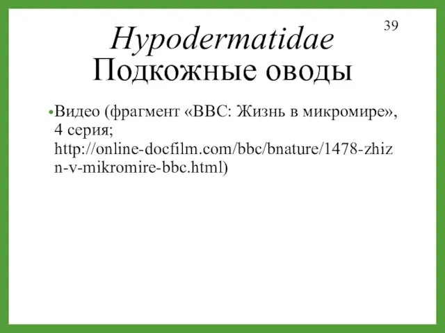 Hypodermatidae Подкожные оводы Видео (фрагмент «BBC: Жизнь в микромире», 4 серия; http://online-docfilm.com/bbc/bnature/1478-zhizn-v-mikromire-bbc.html)