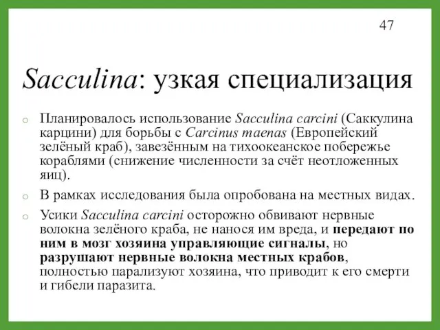 Sacculina: узкая специализация Планировалось использование Sacculina carcini (Саккулина карцини) для