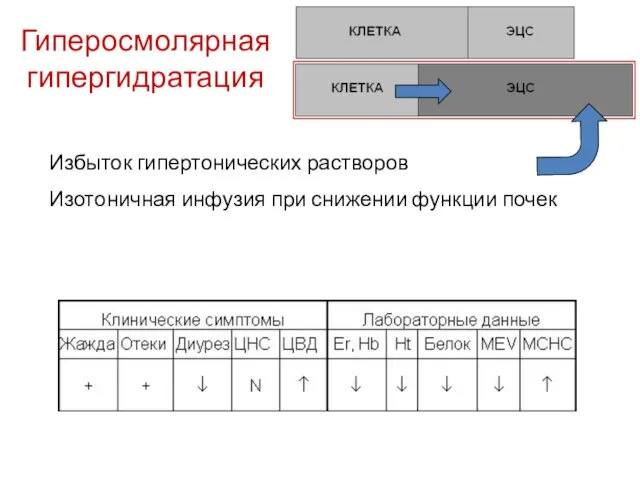 Гиперосмолярная гипергидратация Избыток гипертонических растворов Изотоничная инфузия при снижении функции почек