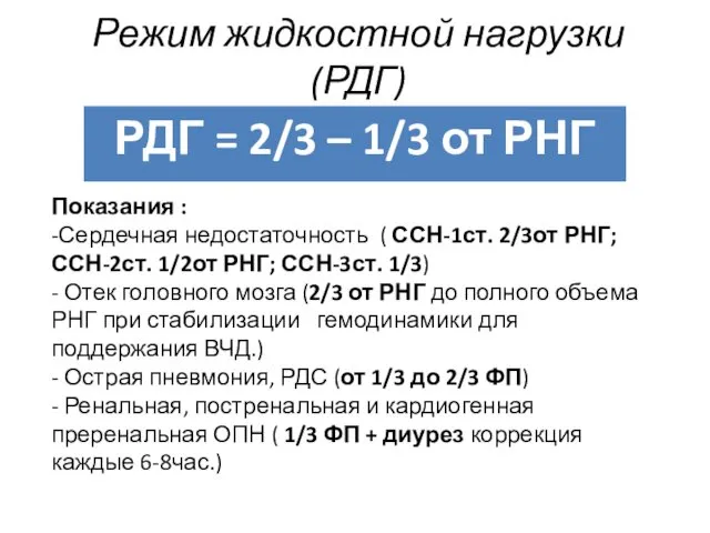 Режим жидкостной нагрузки(РДГ) Показания : -Сердечная недостаточность ( ССН-1ст. 2/3от