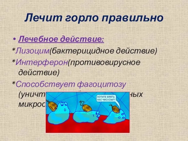 Лечит горло правильно Лечебное действие: *Лизоцим(бактерицидное действие) *Интерферон(противовирусное действие) *Способствует фагоцитозу(уничтожение болезнетворных микроорганизмов)