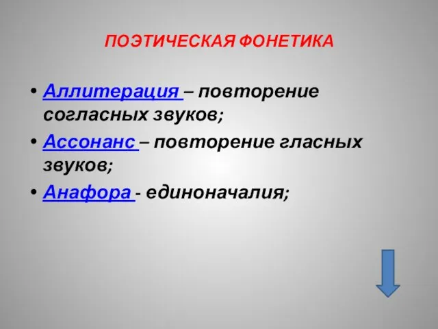 ПОЭТИЧЕСКАЯ ФОНЕТИКА Аллитерация – повторение согласных звуков; Ассонанс – повторение гласных звуков; Анафора - единоначалия;