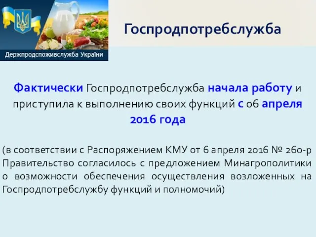 Фактически Госпродпотребслужба начала работу и приступила к выполнению своих функций с 06 апреля