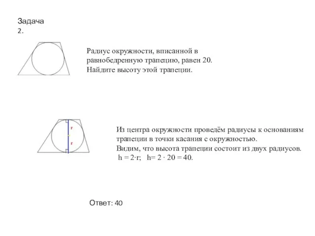 Радиус окружности, вписанной в равнобедренную трапецию, равен 20. Найдите высоту