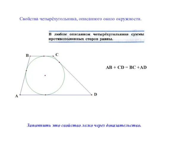 Свойства четырёхугольника, описанного около окружности. AB + CD = BC