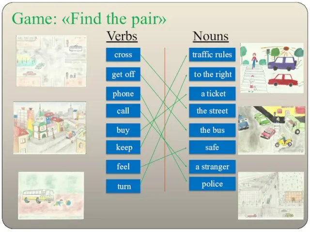 Game: «Find the pair» Verbs Nouns cross get off phone