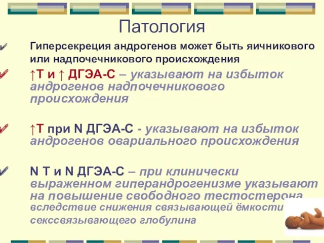 Патология Гиперсекреция андрогенов может быть яичникового или надпочечникового происхождения ↑Т