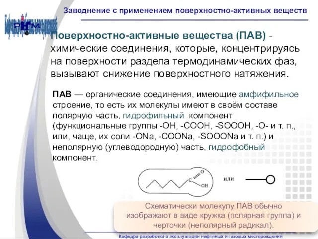 Заводнение с применением поверхностно-активных веществ Поверхностно-активные вещества (ПАВ) - химические