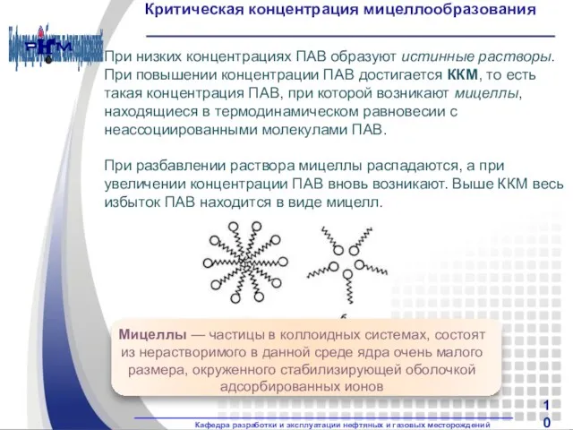 Критическая концентрация мицеллообразования При низких концентрациях ПАВ образуют истинные растворы.