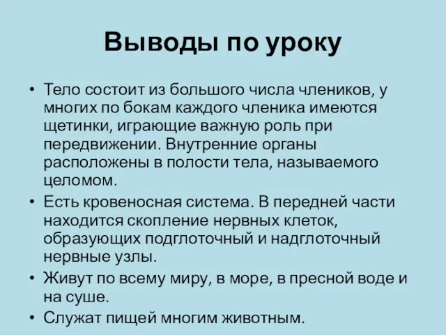 Выводы по уроку Тело состоит из большого числа члеников, у многих по бокам