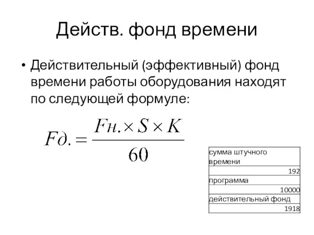 Действ. фонд времени Действительный (эффективный) фонд времени работы оборудования находят по следующей формуле: