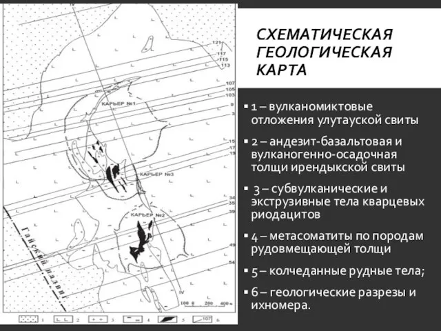 1 – вулканомиктовые отложения улутауской свиты 2 – андезит-базальтовая и