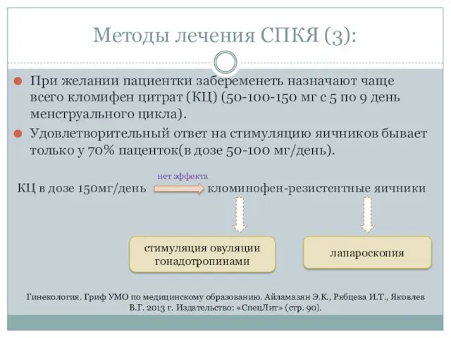 Методы лечения СПКЯ (3): При желании пациентки забеременеть назначают чаще