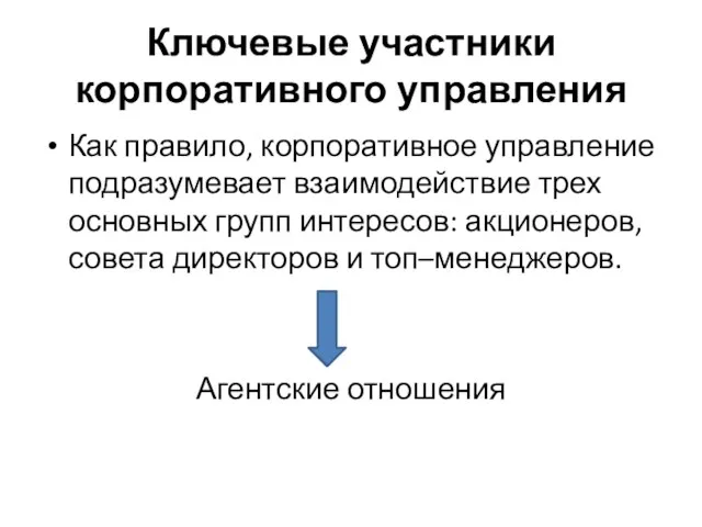 Ключевые участники корпоративного управления Как правило, корпоративное управление подразумевает взаимодействие