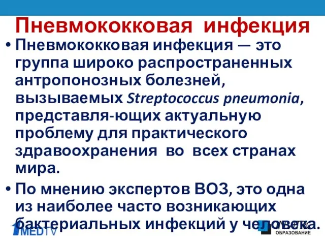 Пневмококковая инфекция Пневмококковая инфекция — это группа широко распространенных антропонозных