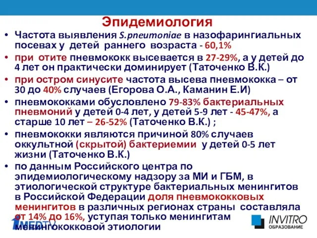 Эпидемиология Частота выявления S.pneumoniae в назофарингиальных посевах у детей раннего