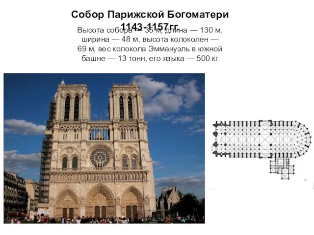 Собор Парижской Богоматери 1143-1157гг. Высота собора — 35 м, длина