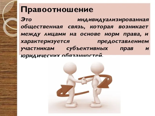 Правоотношение Это индивидуализированная общественная связь, которая возникает между лицами на