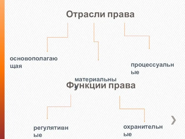 Отрасли права Функции права основополагающая материальные процессуальные регулятивные охранительные