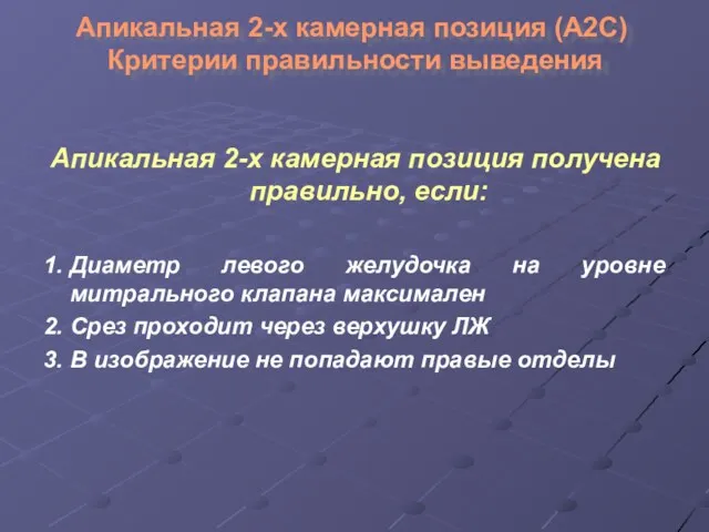 Апикальная 2-х камерная позиция (А2С) Критерии правильности выведения Апикальная 2-х