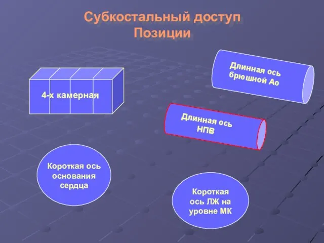 Субкостальный доступ Позиции 4-х камерная Короткая ось основания сердца Короткая