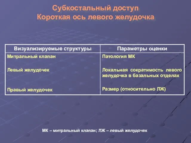 Субкостальный доступ Короткая ось левого желудочка МК – митральный клапан; ЛЖ – левый желудочек