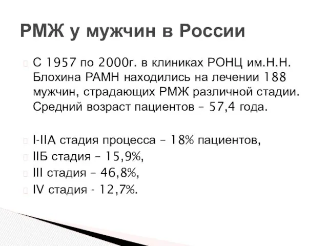 С 1957 по 2000г. в клиниках РОНЦ им.Н.Н.Блохина РАМН находились на лечении 188