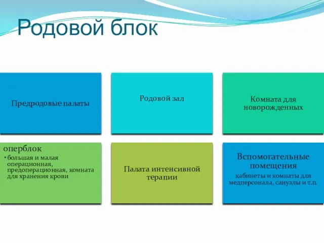 Родовой блок Предродовые палаты Родовой зал Комната для новорожденных оперблок